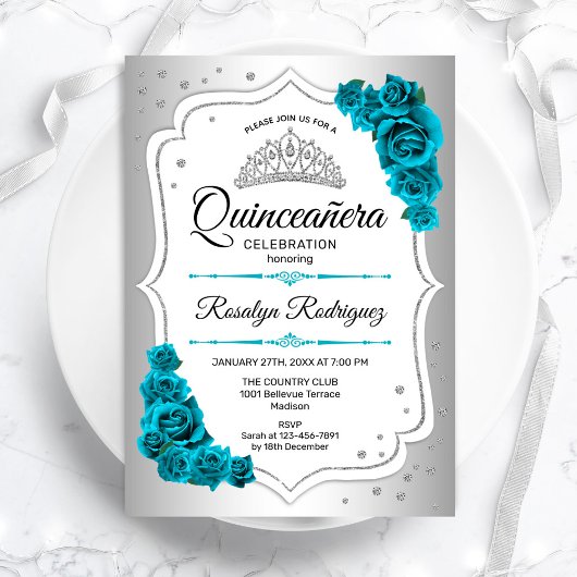 Silver White Royal Blauwgroen Quinceanera Kaart