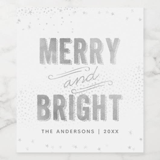 Silver & White Snowflake Merry and Bright Holiday Wijn Etiket (Enkel label)