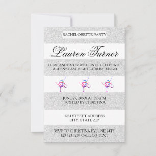 Silver & White Stripes-3x5 Bachelorette Invitation Kaart