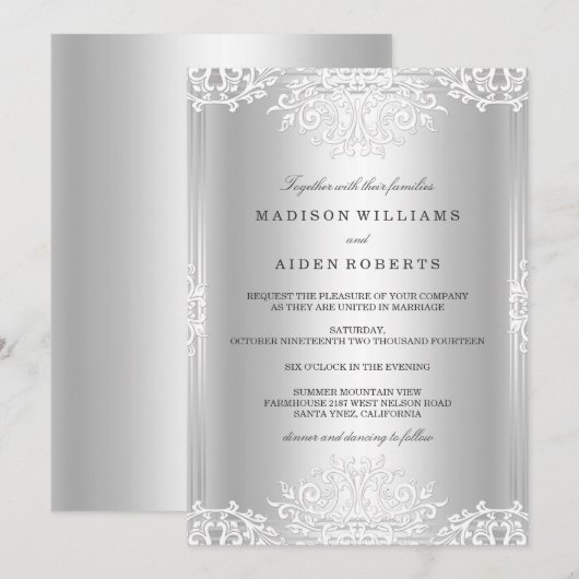Silver White Vintage Glamor Wedding Invitation Kaart (Voorkant / Achterkant)