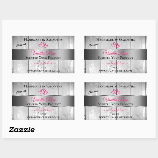 Silver White Wood Grain Product Labels roze harten (Vel)