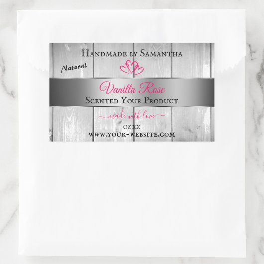 Silver White Wood Grain Product Labels roze harten (Tas)