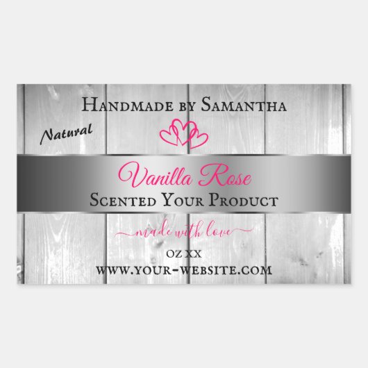 Silver White Wood Grain Product Labels roze harten (Voorkant)