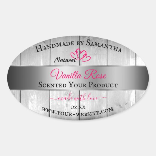 Silver White Wood Grain Product Labels roze harten (Voorkant)