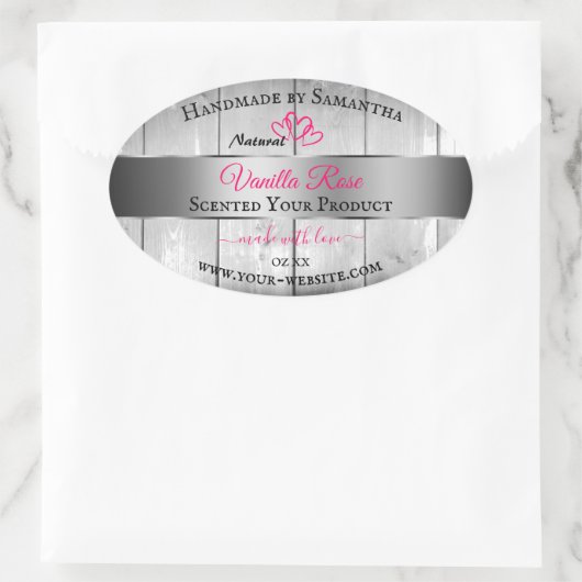 Silver White Wood Grain Product Labels roze harten (Tas)