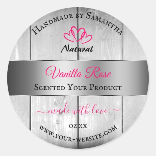 Silver White Wood Grain Product Labels roze harten (Voorkant)