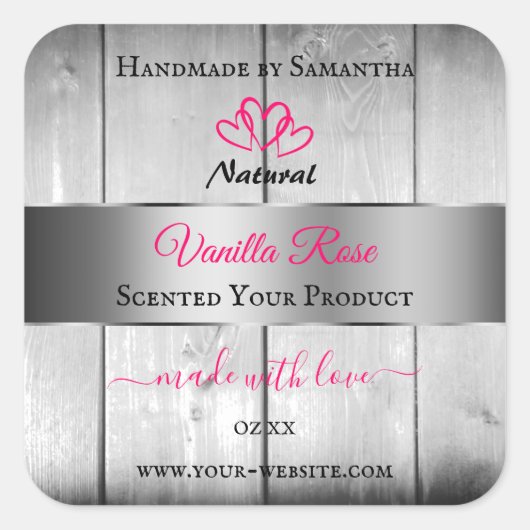 Silver White Wood Grain Product Labels roze harten (Voorkant)