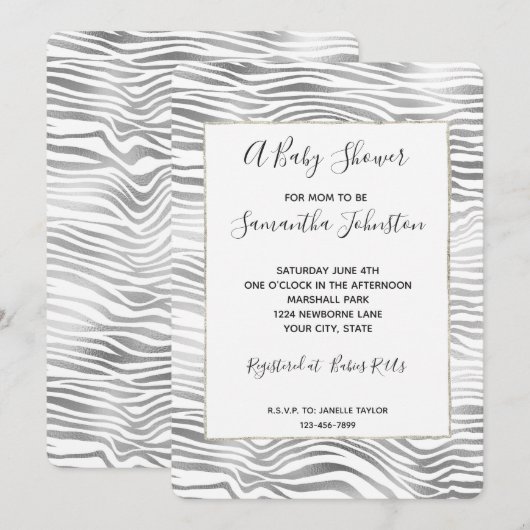 Silver White Zebra Print Baby shower Kaart (Voorkant / Achterkant)
