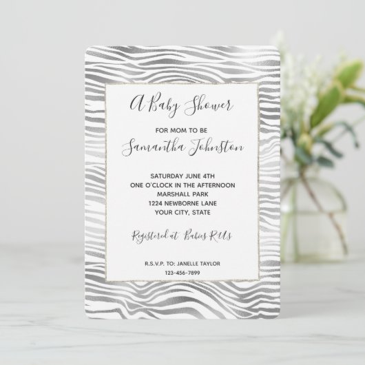 Silver White Zebra Print Baby shower Kaart (Staand voorkant)
