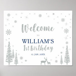Silver Winter Boy 1st Birthday Party Welcome Sign. Poster