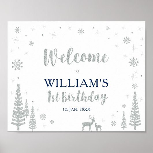 Silver Winter Boy 1st Birthday Party Welcome Sign. Poster (Voorkant)
