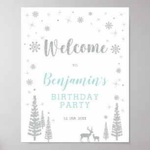 Silver Winter Boy Birthday Party Welcome Sign Poster