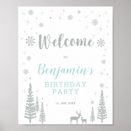 Silver Winter Boy Birthday Party Welcome Sign Poster (Voorkant)
