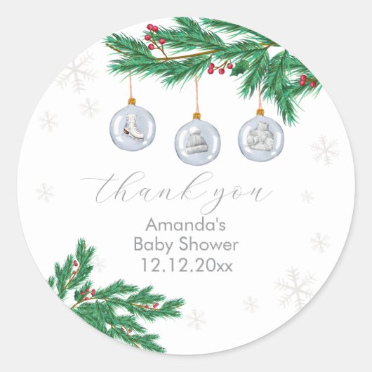Silver Winter Clothesline Ornaments Baby Shower  Ronde Sticker (Voorkant)