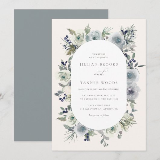 Silver Winter Floral Wedding Invitation Kaart (Voorkant / Achterkant)