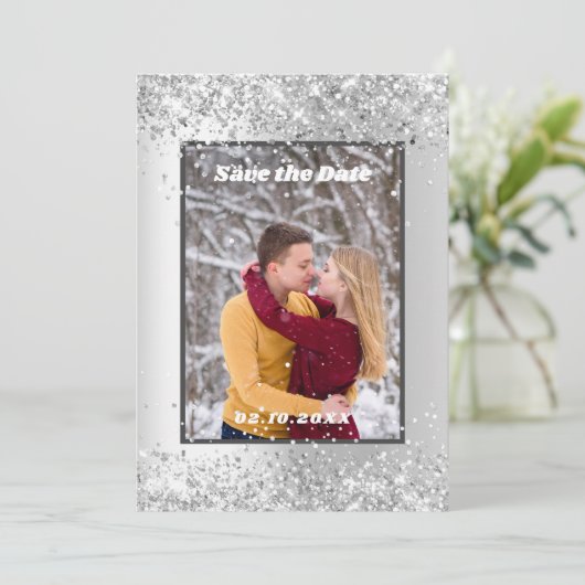 Silver winter foto Save the Date bruiloft (Staand voorkant)