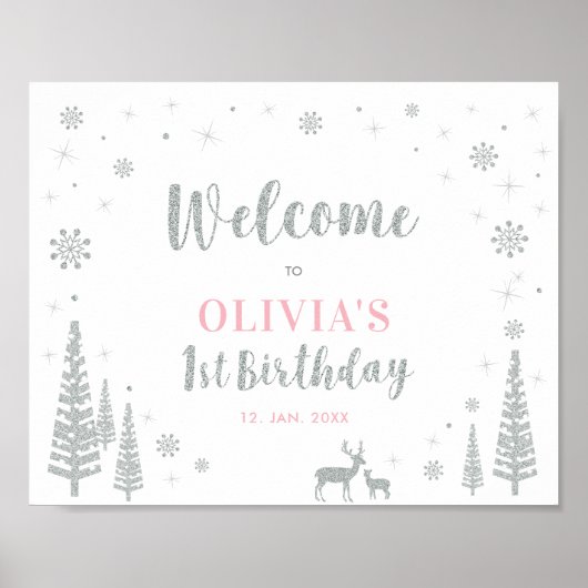 Silver Winter Girl 1st Birthday Party Welcome Sign Poster (Voorkant)