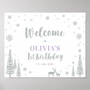 Silver Winter Girl 1st Birthday Party Welcome Sign Poster