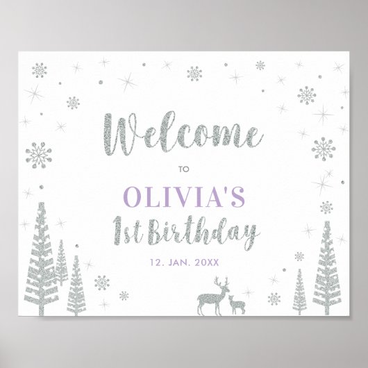 Silver Winter Girl 1st Birthday Party Welcome Sign Poster (Voorkant)