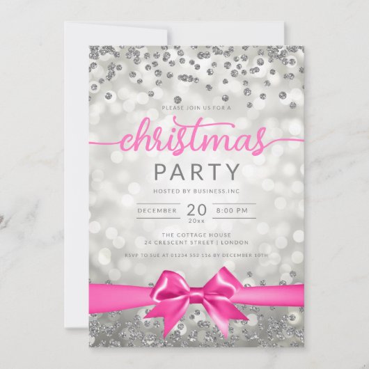 Silver Winter Glam Company Xmas Hot Pink Ribbon Kaart (Voorkant)