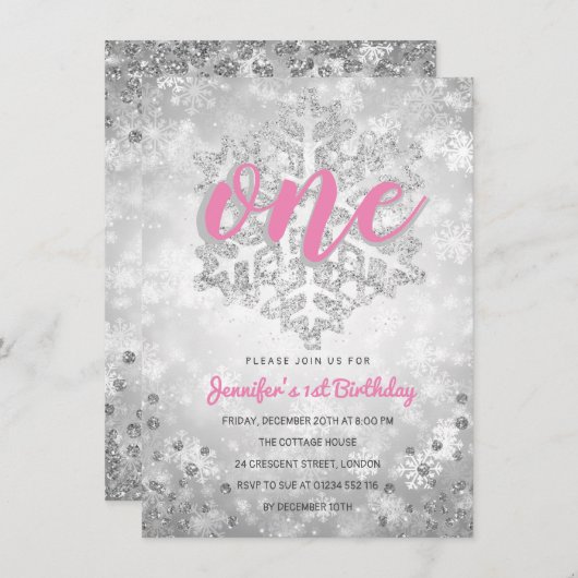 Silver Winter Glitter Snowflake | 1e verjaardag Kaart (Voorkant / Achterkant)