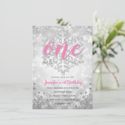 Silver Winter Glitter Snowflake | 1e verjaardag Kaart (Staand voorkant)