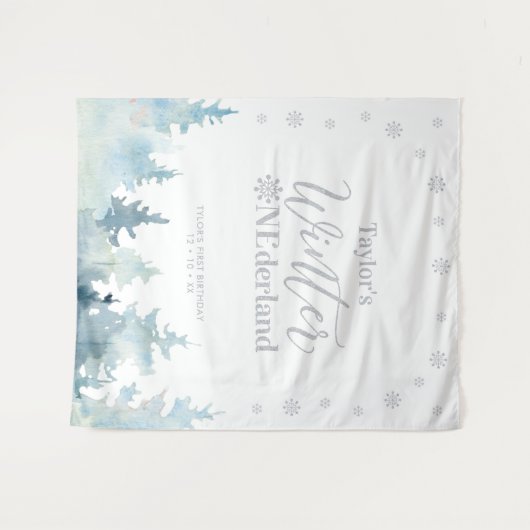 Silver Winter onderland 1st Birthday Tapestry Wandkleed (Voorkant (horizontaal))