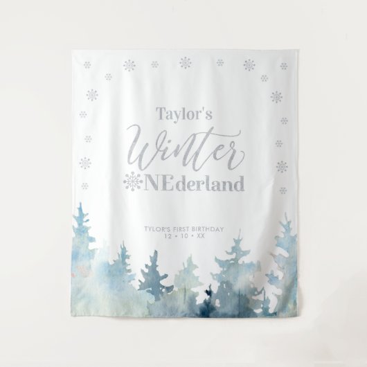 Silver Winter onderland 1st Birthday Tapestry Wandkleed (Voorkant)