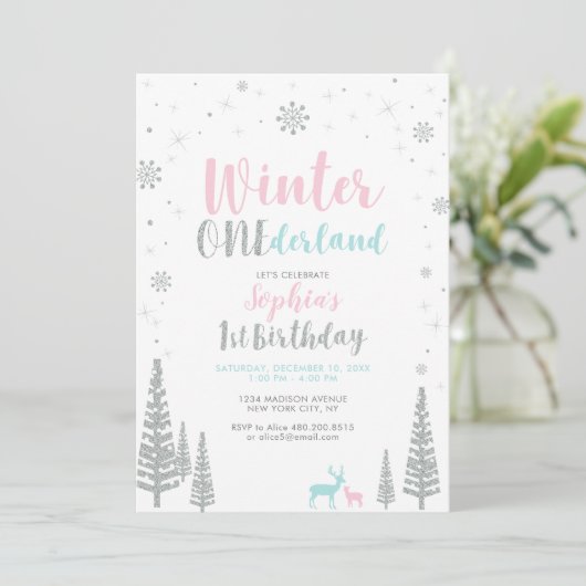 Silver Winter onederland 1e meisjesfeestje Kaart (Staand voorkant)