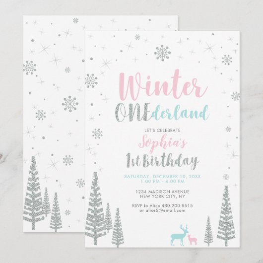 Silver Winter onederland 1e meisjesfeestje Kaart (Voorkant / Achterkant)