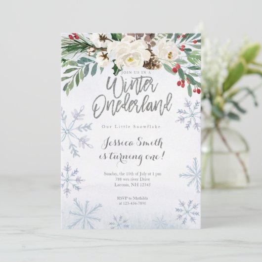 Silver Winter Onederland 1e verjaardag uitnodiging (Staand voorkant)