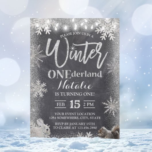 Silver Winter ONEderland 1st Birthday Chalkboard Kaart