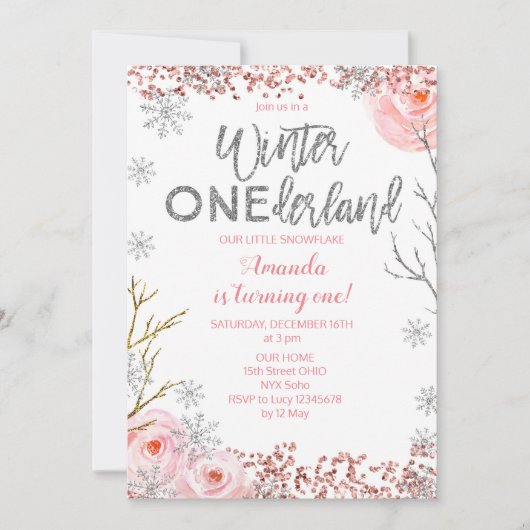 Silver Winter ONEderland First Birthday Invite Kaart (Voorkant)