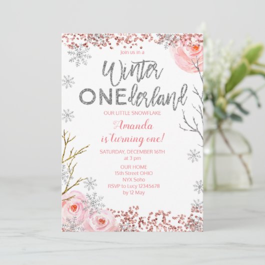 Silver Winter ONEderland First Birthday Invite Kaart (Staand voorkant)