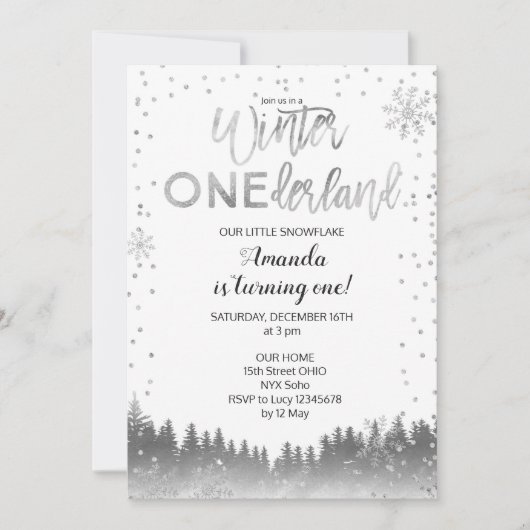 Silver Winter ONEderland Snow Birthday Invite BOY Kaart (Voorkant)