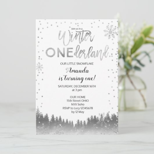 Silver Winter ONEderland Snow Birthday Invite BOY Kaart (Staand voorkant)
