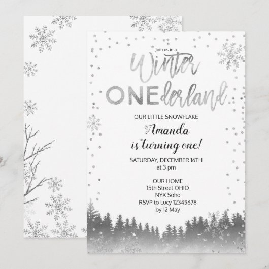 Silver Winter ONEderland Snow Birthday Invite BOY Kaart (Voorkant / Achterkant)