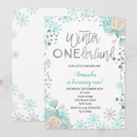 Silver Winter ONEderland Snow Birthday Invite Girl Kaart (Voorkant / Achterkant)