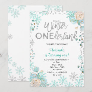 Silver Winter ONEderland Snow Birthday Invite Girl Kaart