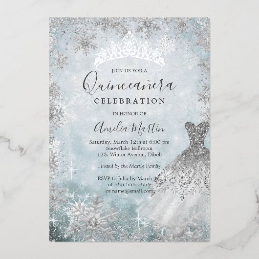 Silver Winter Snowflake Blue Quinceanera Folie Folie Uitnodiging (Voorkant)