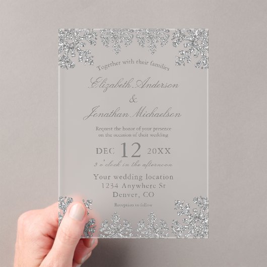 Silver Winter Snowflake Wedding Acryl Uitnodigingen (Insitu (Draagbaar))