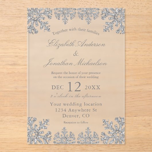 Silver Winter Snowflake Wedding Acryl Uitnodigingen (Voorkant)