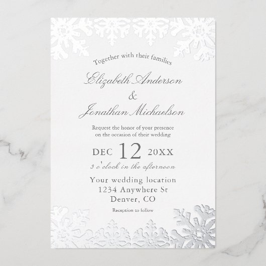 Silver Winter Snowflake Wedding Folie Uitnodiging (Voorkant)