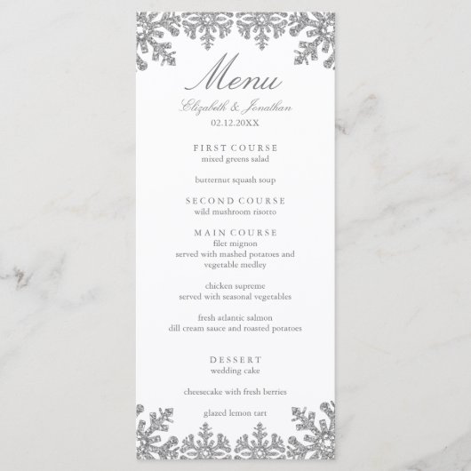 Silver Winter Snowflake Wedding Menu (Voorkant)