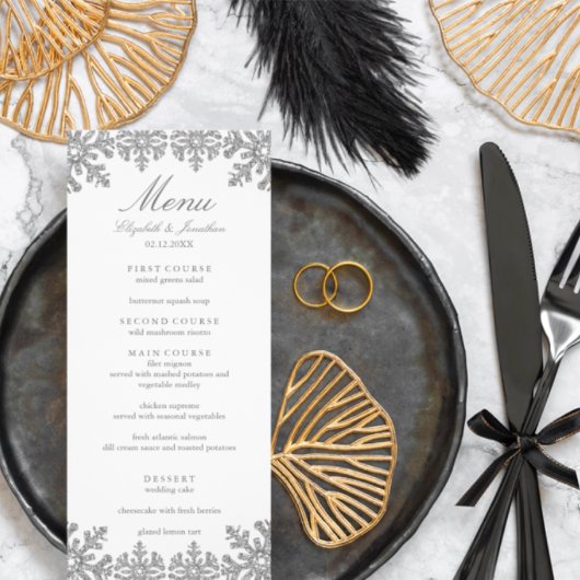 Silver Winter Snowflake Wedding Menu
