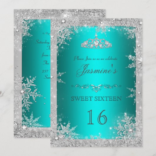 Silver Winter Wonderland blauwgroen zoet 16 Invite Kaart (Voorkant / Achterkant)