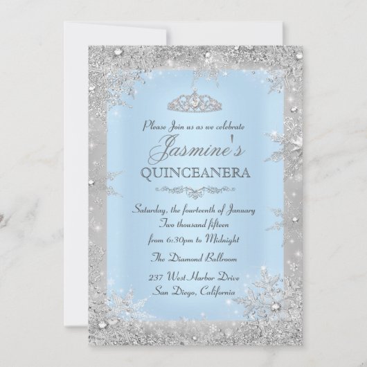 Silver Winter Wonderland Blue Quinceanera Invite Kaart (Voorkant)