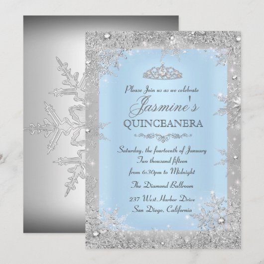 Silver Winter Wonderland Blue Quinceanera Invite Kaart (Voorkant / Achterkant)