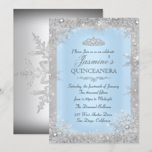 Silver Winter Wonderland Blue Quinceanera Invite Kaart