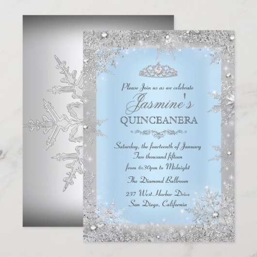 Silver Winter Wonderland Blue Quinceanera Invite Kaart (Voorkant / Achterkant)